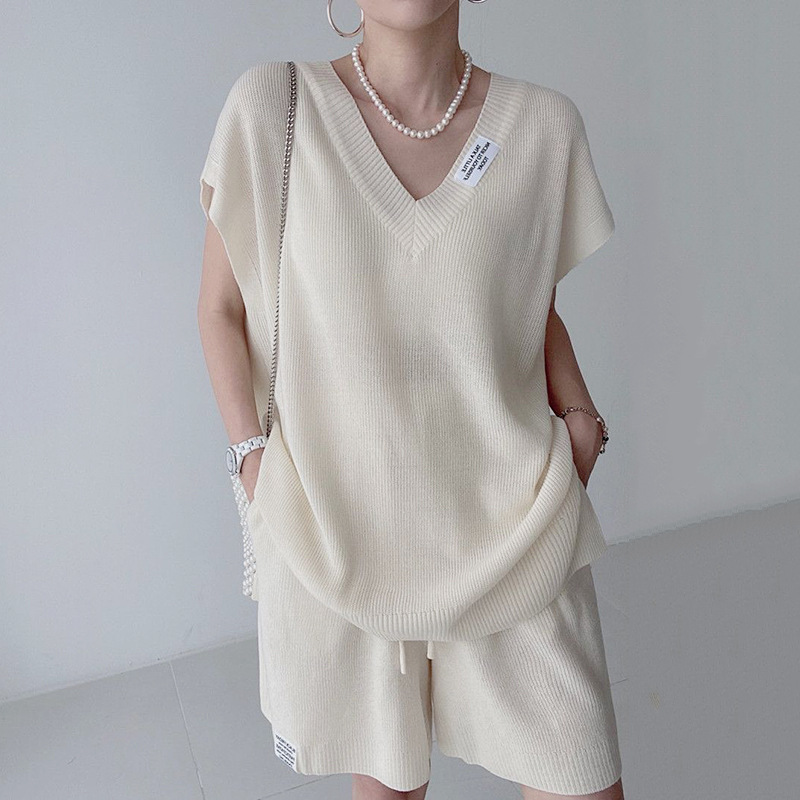 Short Linen Drawstring - Damen Zweiteiler Kurzset Gestricktes Passendes Set