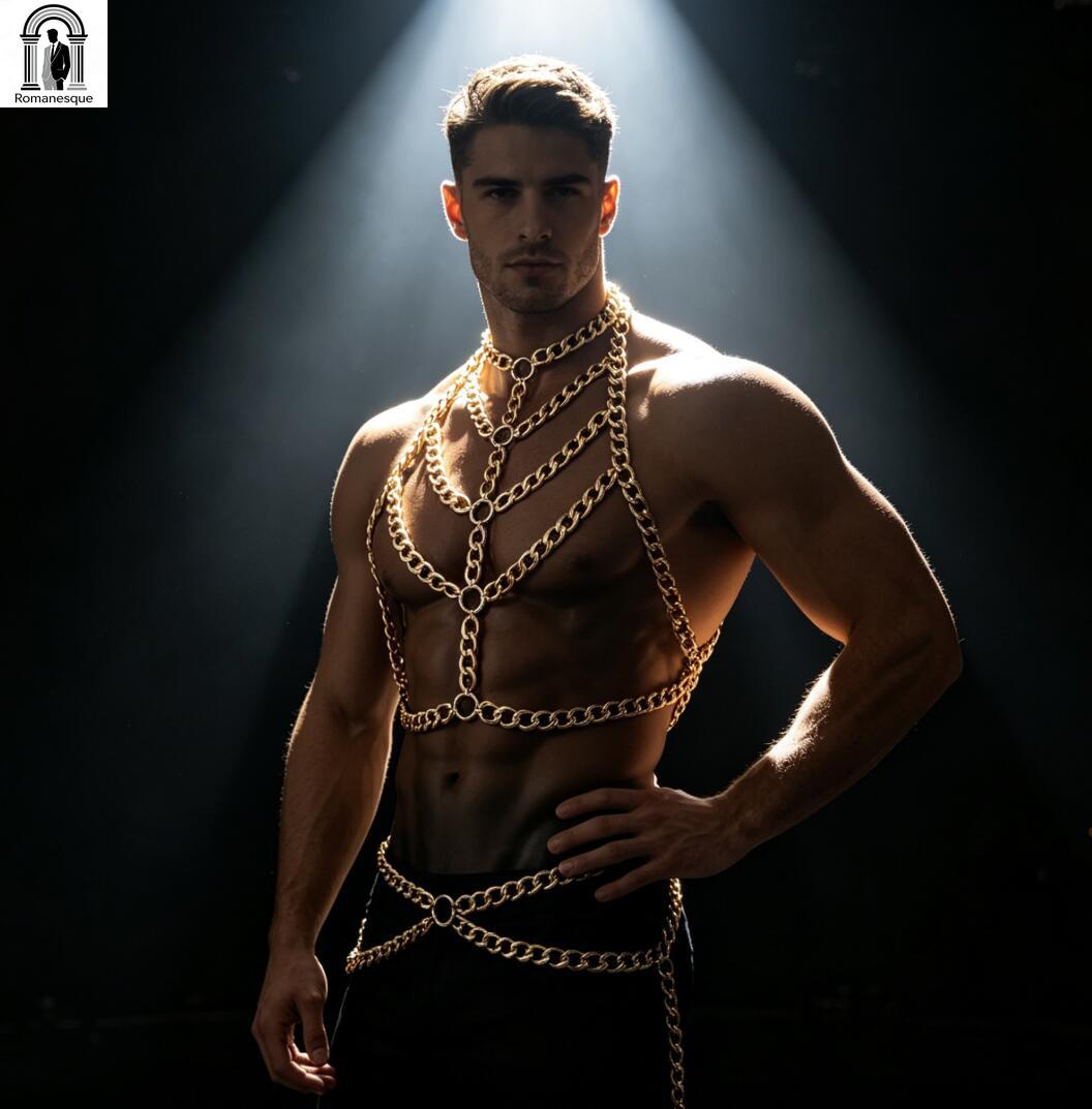 Tank Top Muscle - Herren Silberne Dicke Ketten-Körperkette mit Halterhalsband,