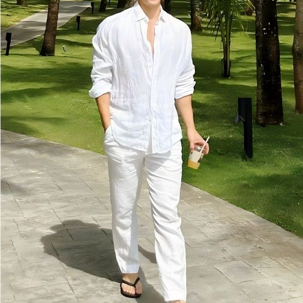 Linen Shirt Breathable - Strandurlaub-Style Herren Baumwoll-Leinen Freizeit-Set Sonnenschutz Langarmhemd